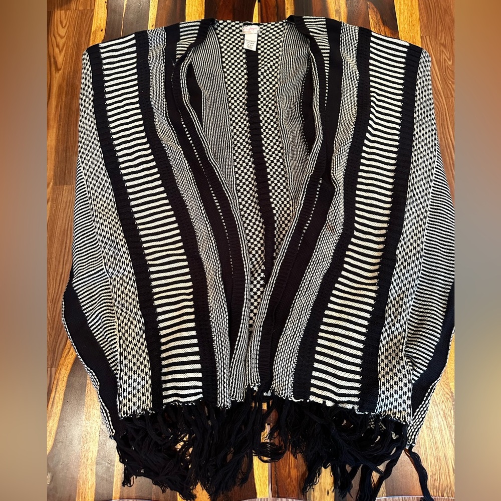 Free People Fringe Cardigan Black And White Knit Sweater One Size